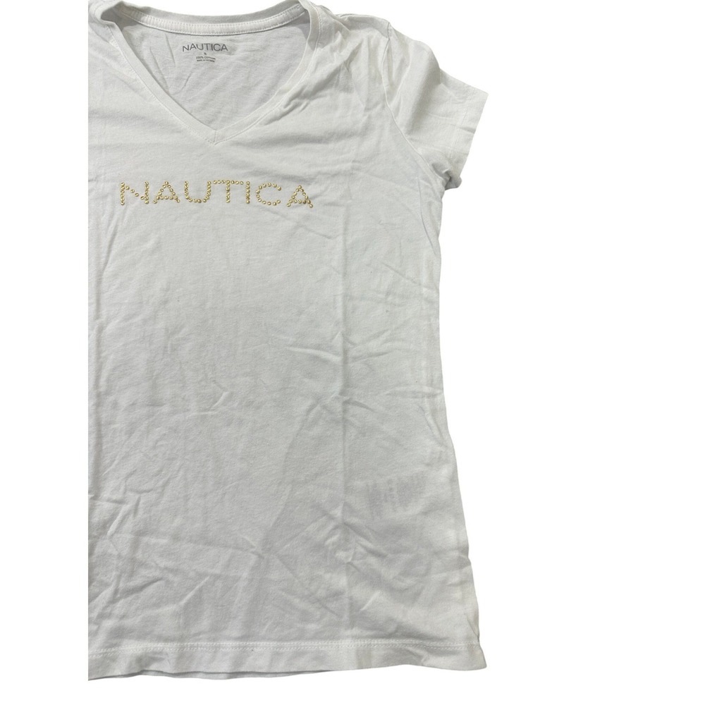 Nautica Womens White V-Neck Studded Logo T-Shirt 100% Cotton Small - Picture 3 of 7
